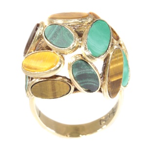Vintage Sixties pop-art gold ring set with malachite and tiger eye